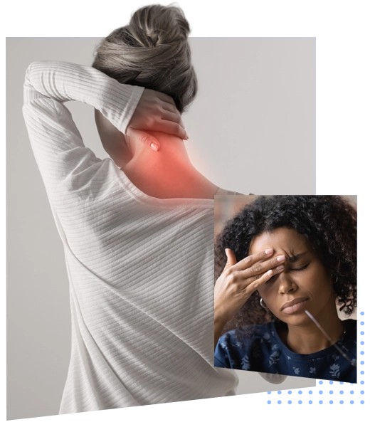 A woman with neck pain holding the back of her neck and a woman with head pain pinching her nose bridge
